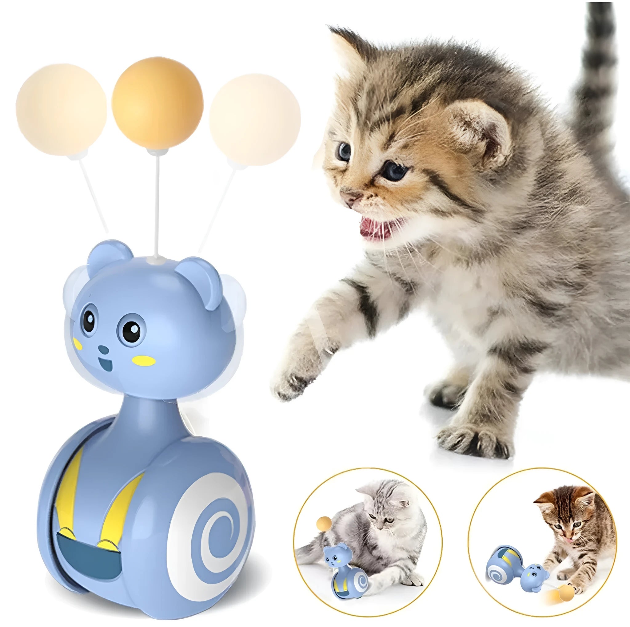 Cat interactive feather wand toy with rolling tumbler base and rotating ball attachment