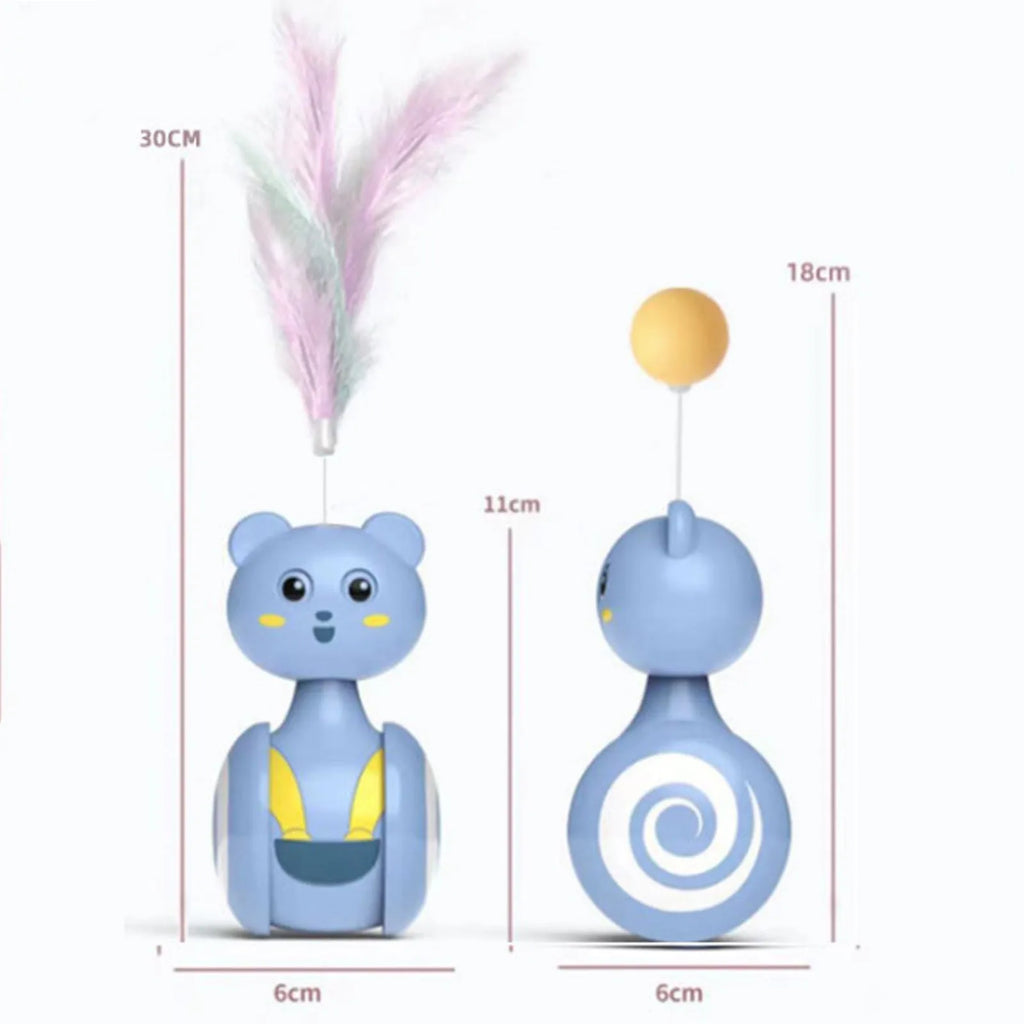 Cat interactive feather wand toy with rolling tumbler base and rotating ball attachment