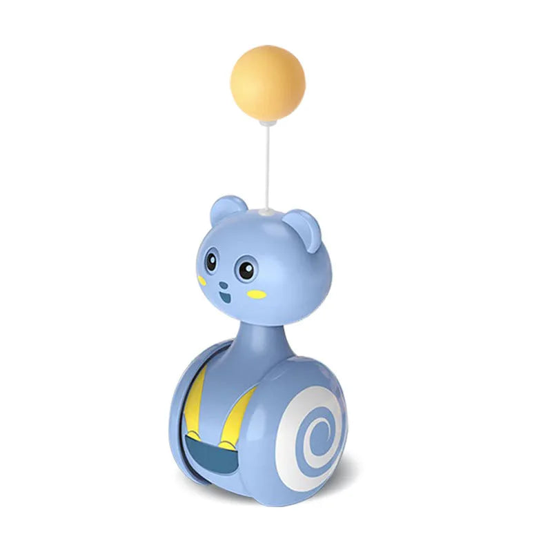 Cat interactive feather wand toy with rolling tumbler base and rotating ball attachment