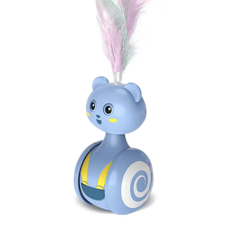 Cat interactive feather wand toy with rolling tumbler base and rotating ball attachment