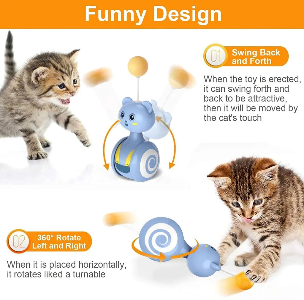 Cat interactive feather wand toy with rolling tumbler base and rotating ball attachment