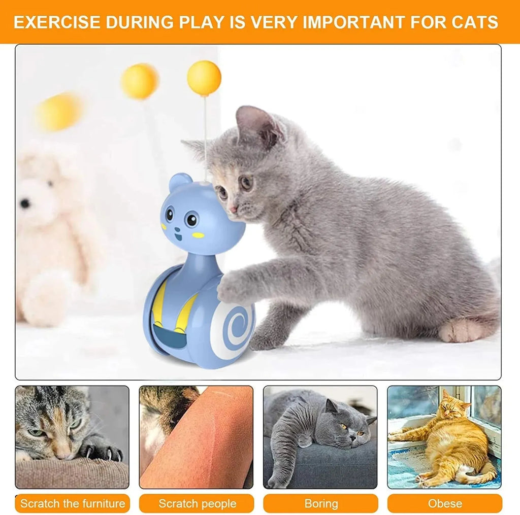 Cat interactive feather wand toy with rolling tumbler base and rotating ball attachment
