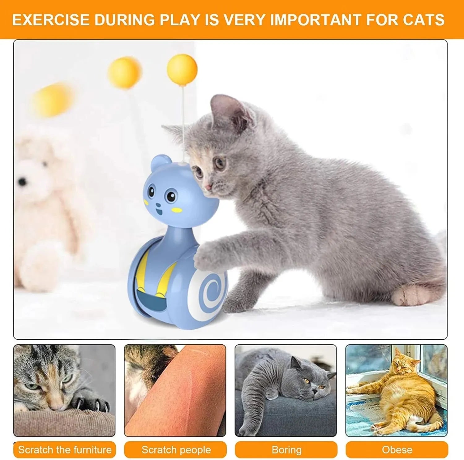 Cat interactive feather wand toy with rolling tumbler base and rotating ball attachment