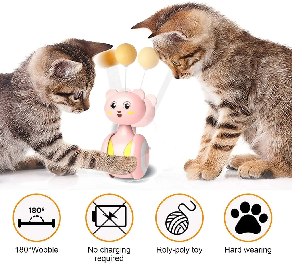 Cat interactive feather wand toy with rolling tumbler base and rotating ball attachment