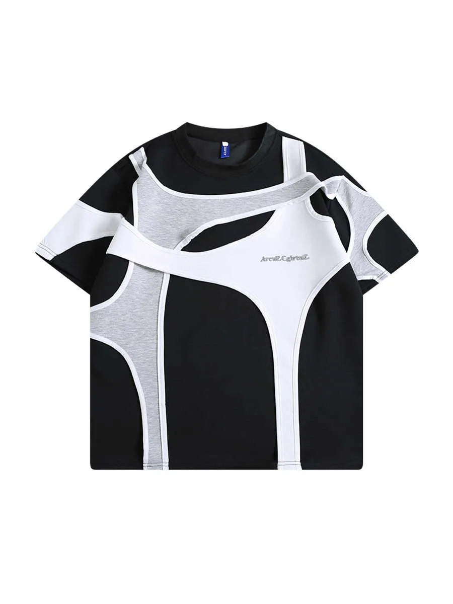 Black loose fit T-shirt with double stitching on padded shoulder strap, round neck collar, and short sleeves