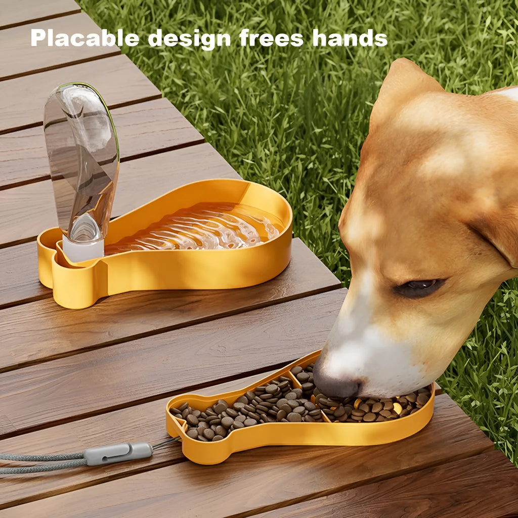 Orange and white portable pet water feeder with food container, showing carrying sling and dual compartments