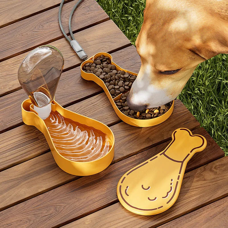 Orange and white portable pet water feeder with food container, showing carrying sling and dual compartments