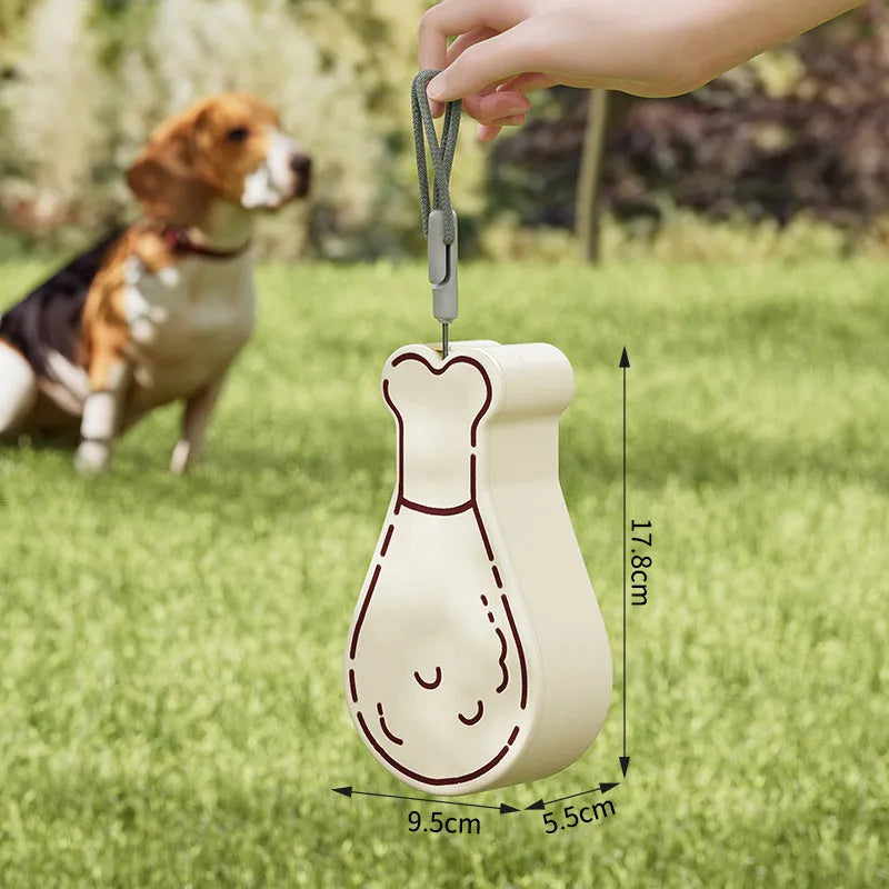 Orange and white portable pet water feeder with food container, showing carrying sling and dual compartments