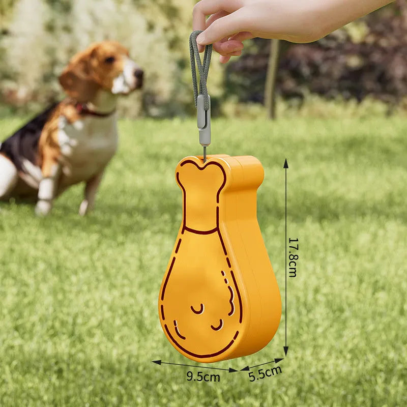 Orange and white portable pet water feeder with food container, showing carrying sling and dual compartments