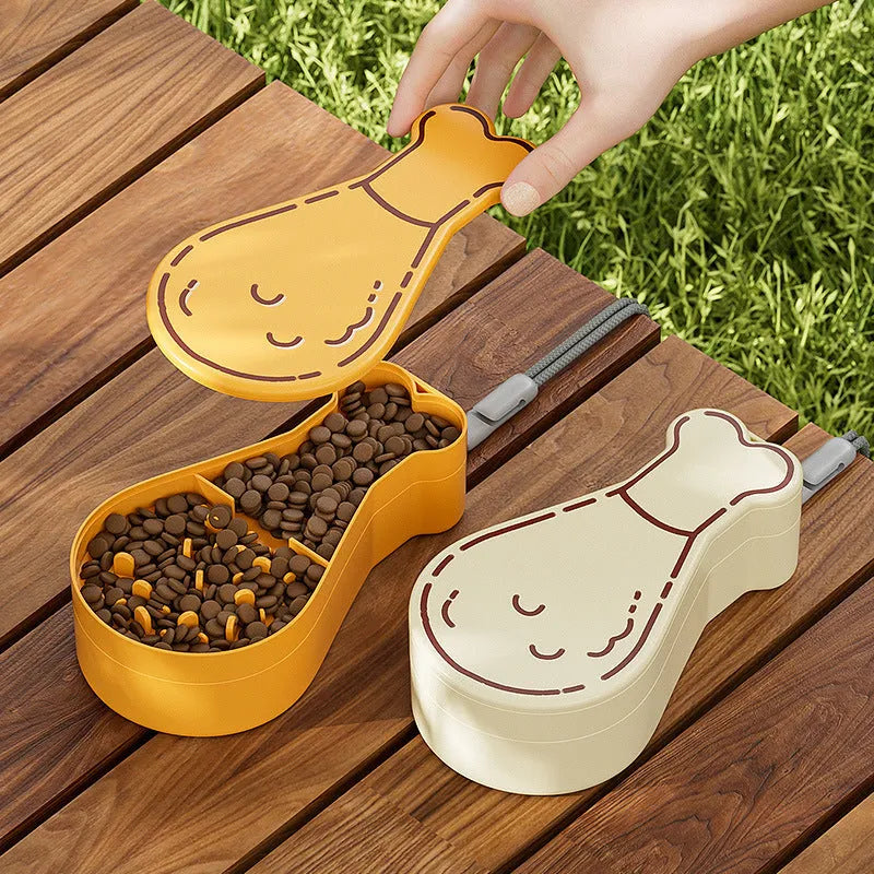 Orange and white portable pet water feeder with food container, showing carrying sling and dual compartments