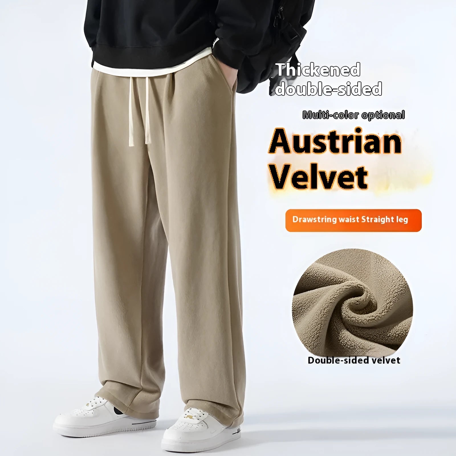 Man wearing loose apricot fleece-lined sports trousers with a drawstring waistband.
