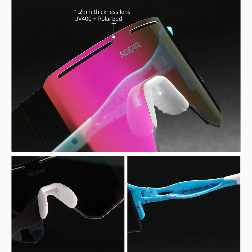 Polarised sports sunglasses with a frameless, ultralight TR90 frame for cycling.
