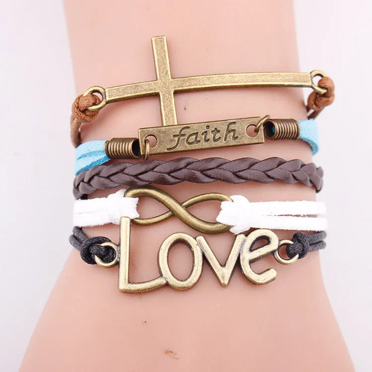 Multi-layer woven leather rope bracelet with love pendant and faith letter charm, 16cm + 5cm adjustable, unisex