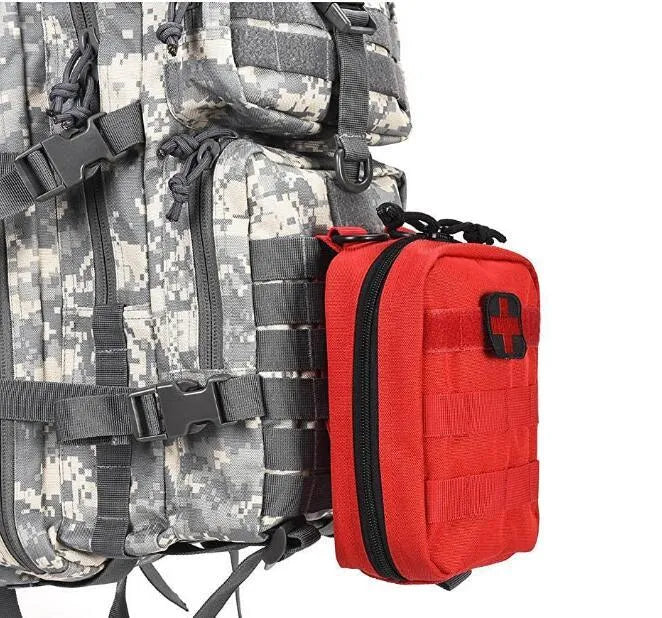 Nylon tactical medical accessory bag in camouflage, showing Velcro backing and dimensions of 21cm by 15cm.