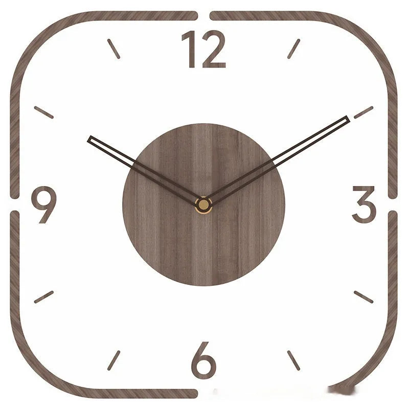 Modern square transparent wooden frame wall clock on a wall, showing visible mechanical movement inside.