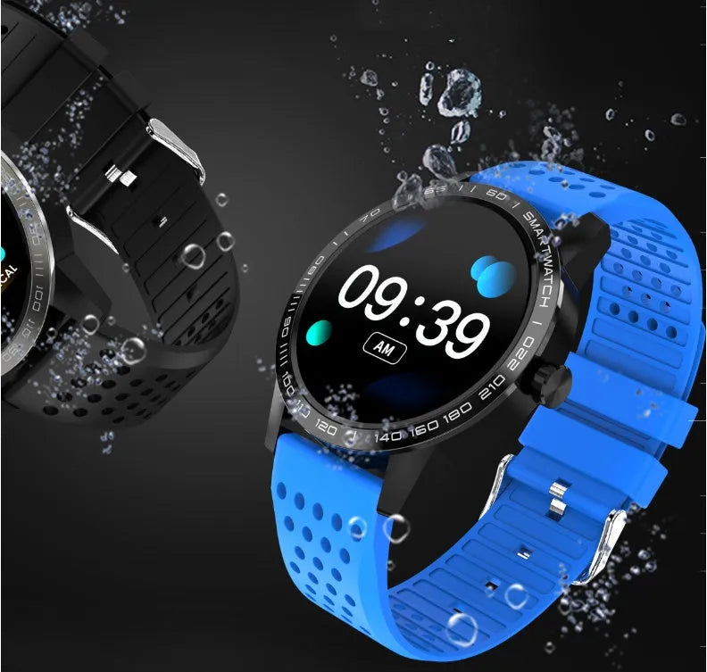 Black smart bracelet with colour screen displaying heart rate and fitness data on wrist