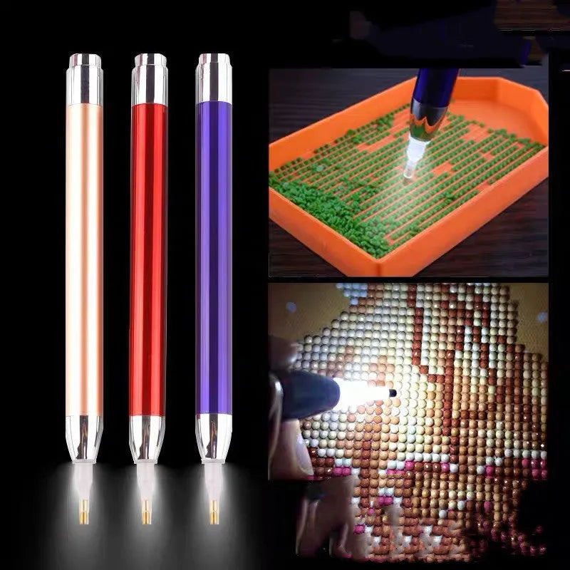Aluminium alloy luminous single-head diamond painting drill pen in blue, gold, or red colours.