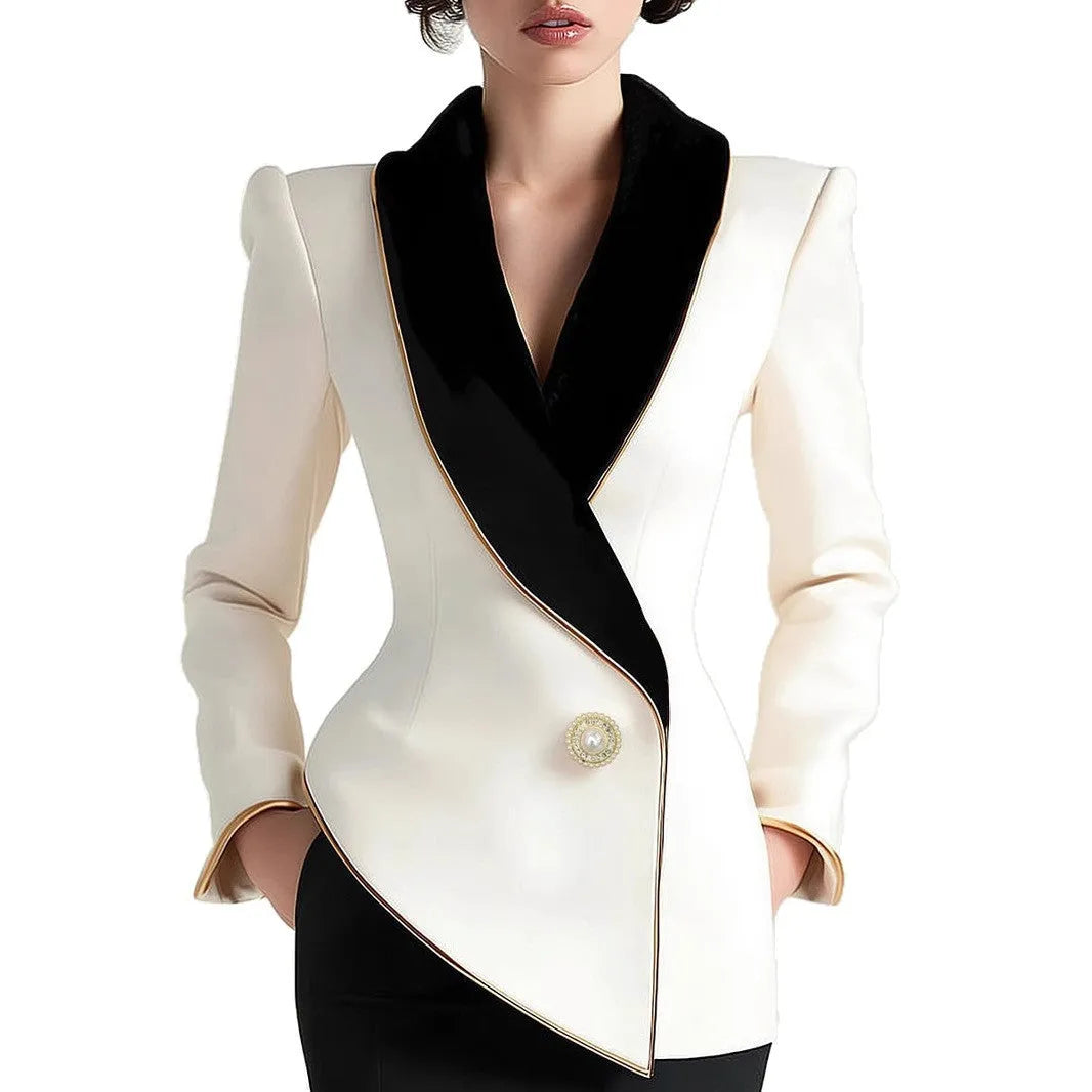 Milky white women's long sleeve coat with golden edge detailing and pearl buttons, irregular cut design