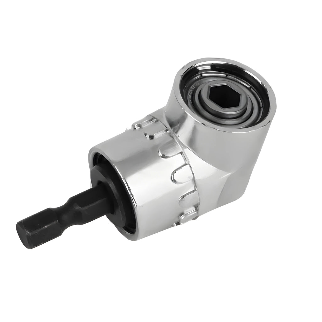 Universal flexible shaft extension tool with a 105-degree angled magnetic head for electric drills and wrenches.