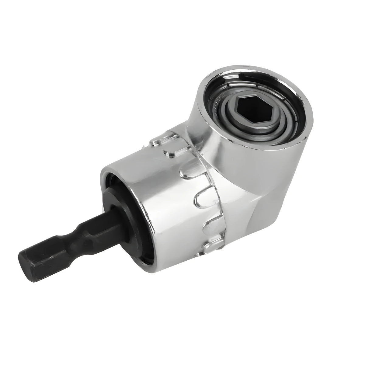 Universal flexible shaft extension tool with a 105-degree angled magnetic head for electric drills and wrenches.