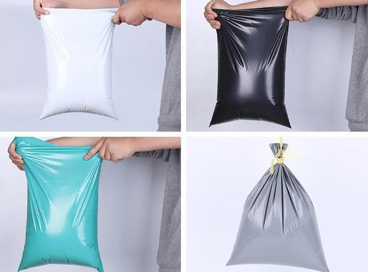 Bundle of 100 white self-seal PE courier bags with size and colour options shown.