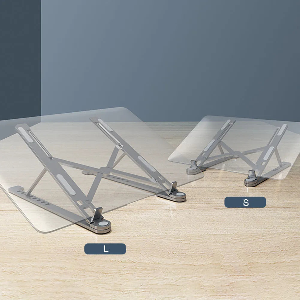 Aluminium laptop stand showing adjustable height mechanism and foldable design