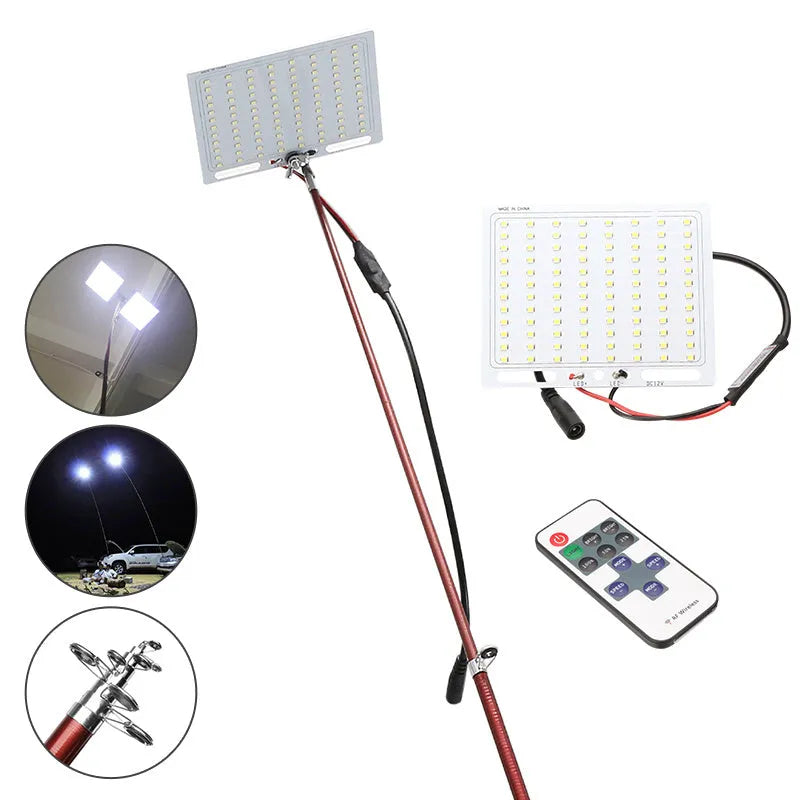 White LED fishing rod light mounted on telescopic pole with remote control for outdoor use