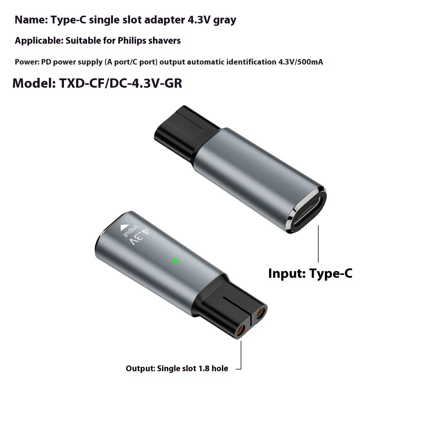 Black or grey USB-C charging adapter for electric shavers and hair clippers with aluminium alloy construction