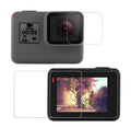 GoPro Hero camera with transparent 9H tempered glass screen protector and lens protector film kit.