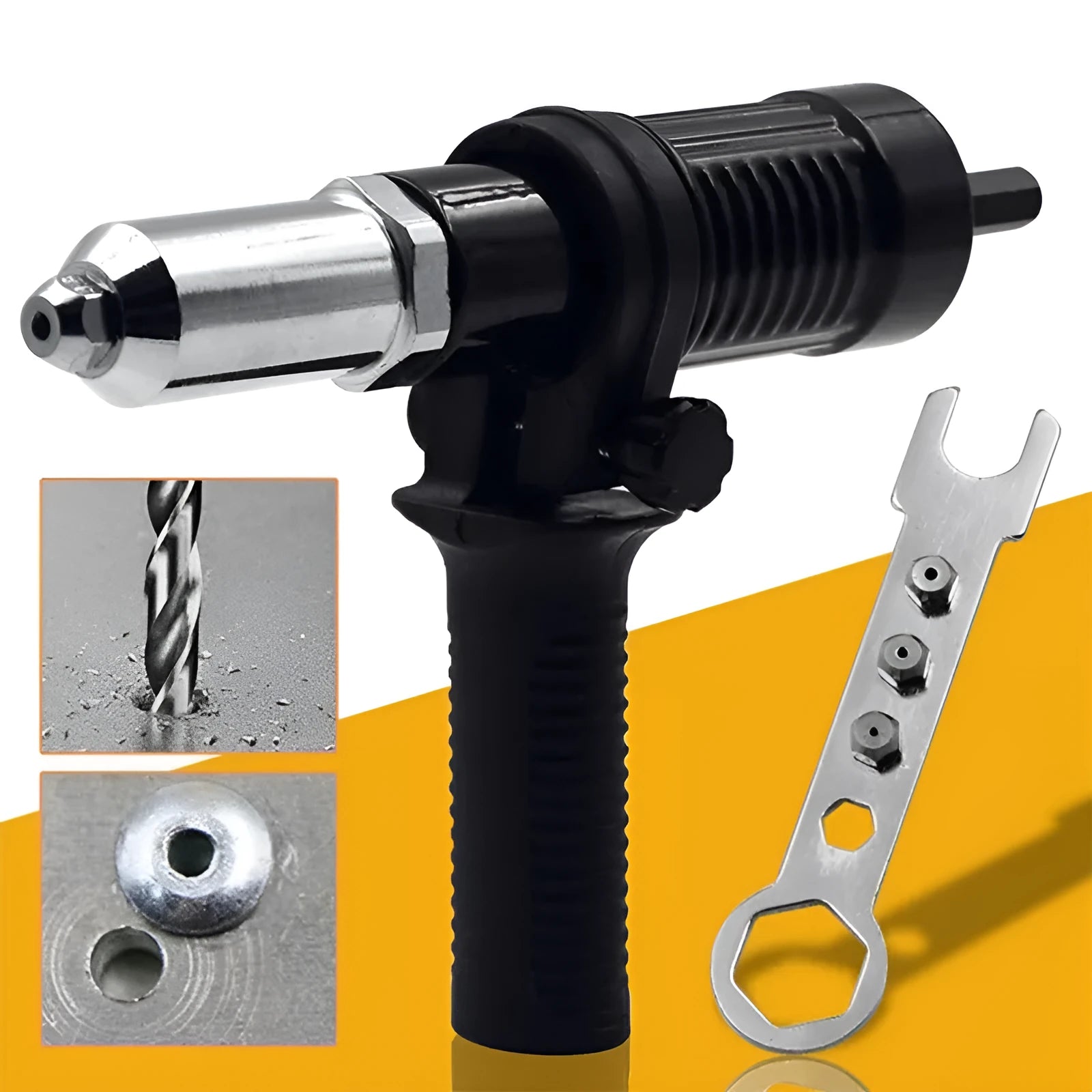 Black metal electric drill rivet gun with alloy steel head, 173mm long, for aluminium and automotive riveting