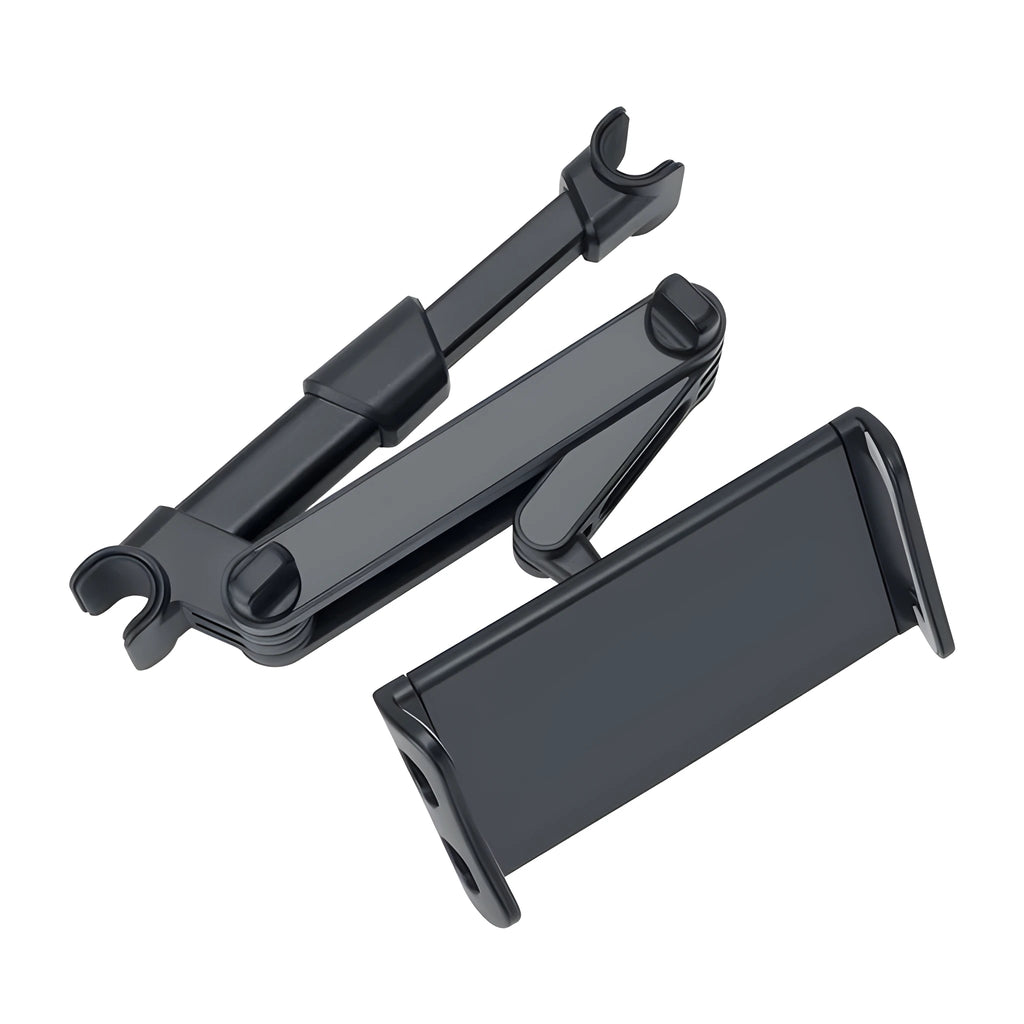 Black car phone holder attached to vehicle rear seat base with universal bracket holding tablet