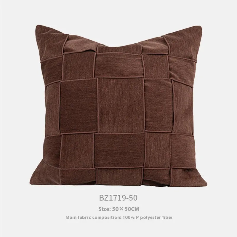 Square 50x50cm chenille woven cushion in a choice of colours like retro green or beige, shown on a sofa.