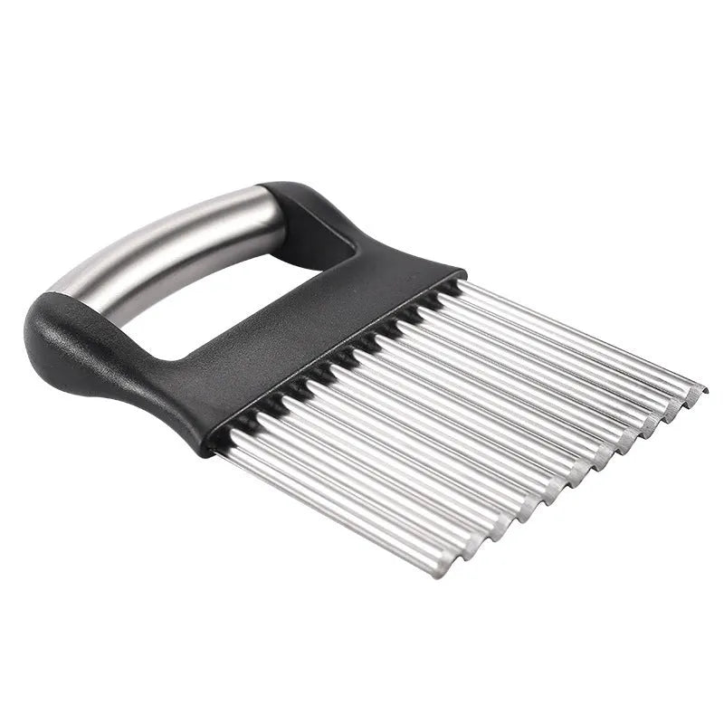 Stainless steel potato wave knife for cutting crinkle chips, shown on a kitchen surface.