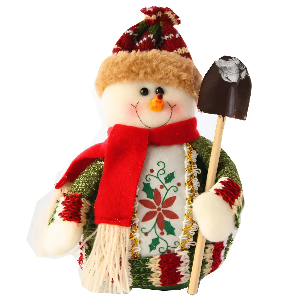 Red, green and white flannel Christmas snowman ornament measuring 18 by 13 centimetres.
