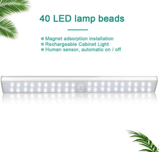Rechargeable motion sensor LED light strip in three length options on a white background.