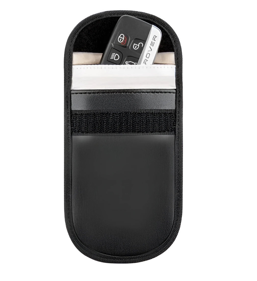 Black microfiber Faraday pouch for blocking mobile phone signals and shielding RFID cards.