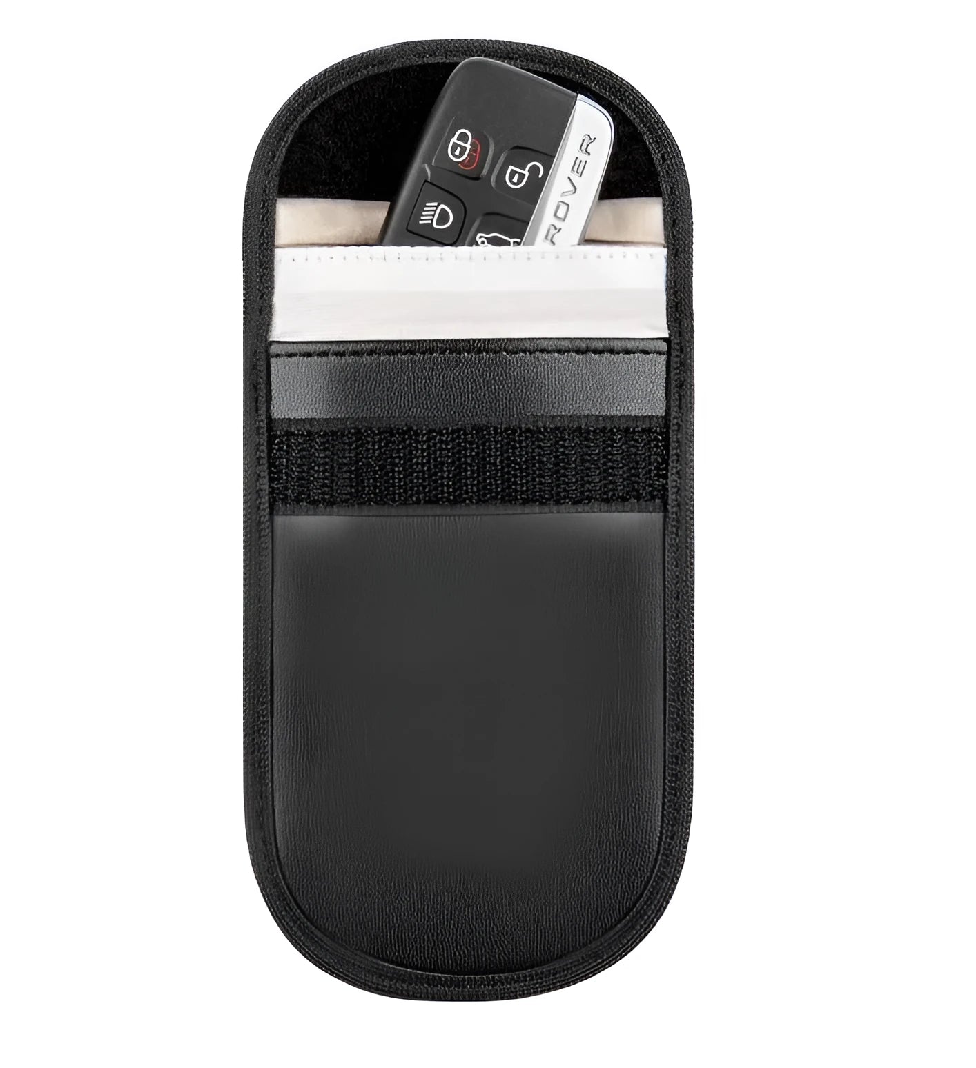 Black microfiber Faraday pouch for blocking mobile phone signals and shielding RFID cards.