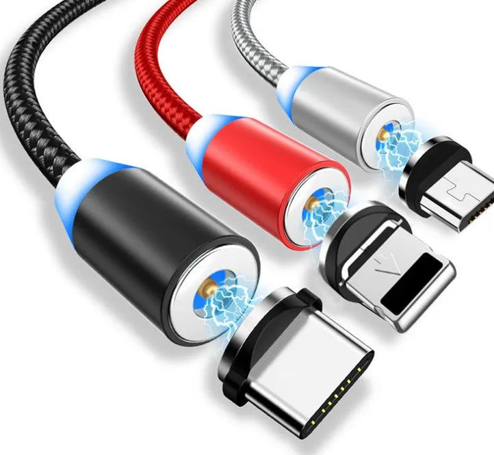 Magnetic LED charging cable with cotton braided sheath and aluminium shell in black colour