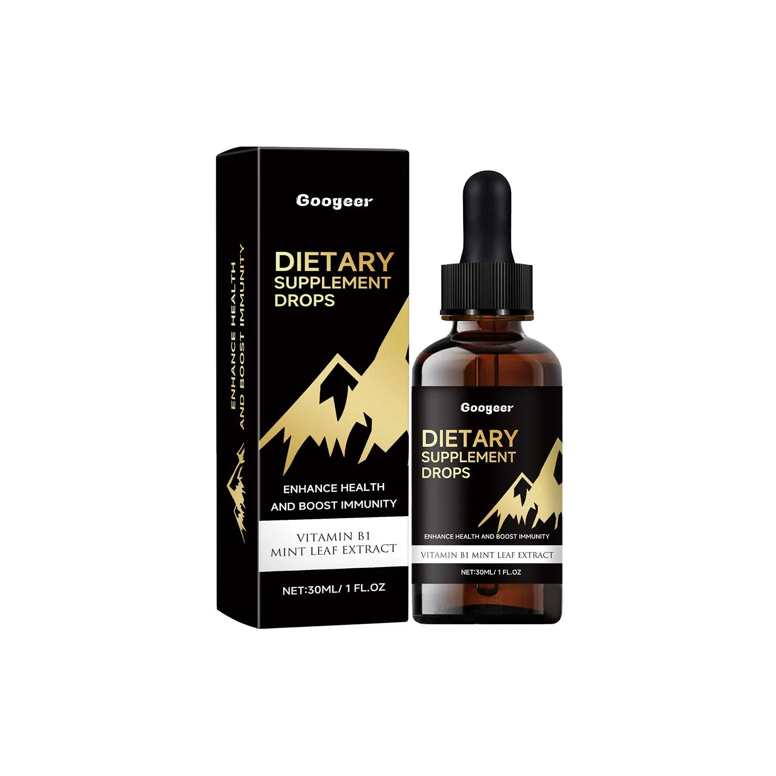 30ml bottle of clear liquid dietary supplement drops with a gluten-free, no-added-sugar label