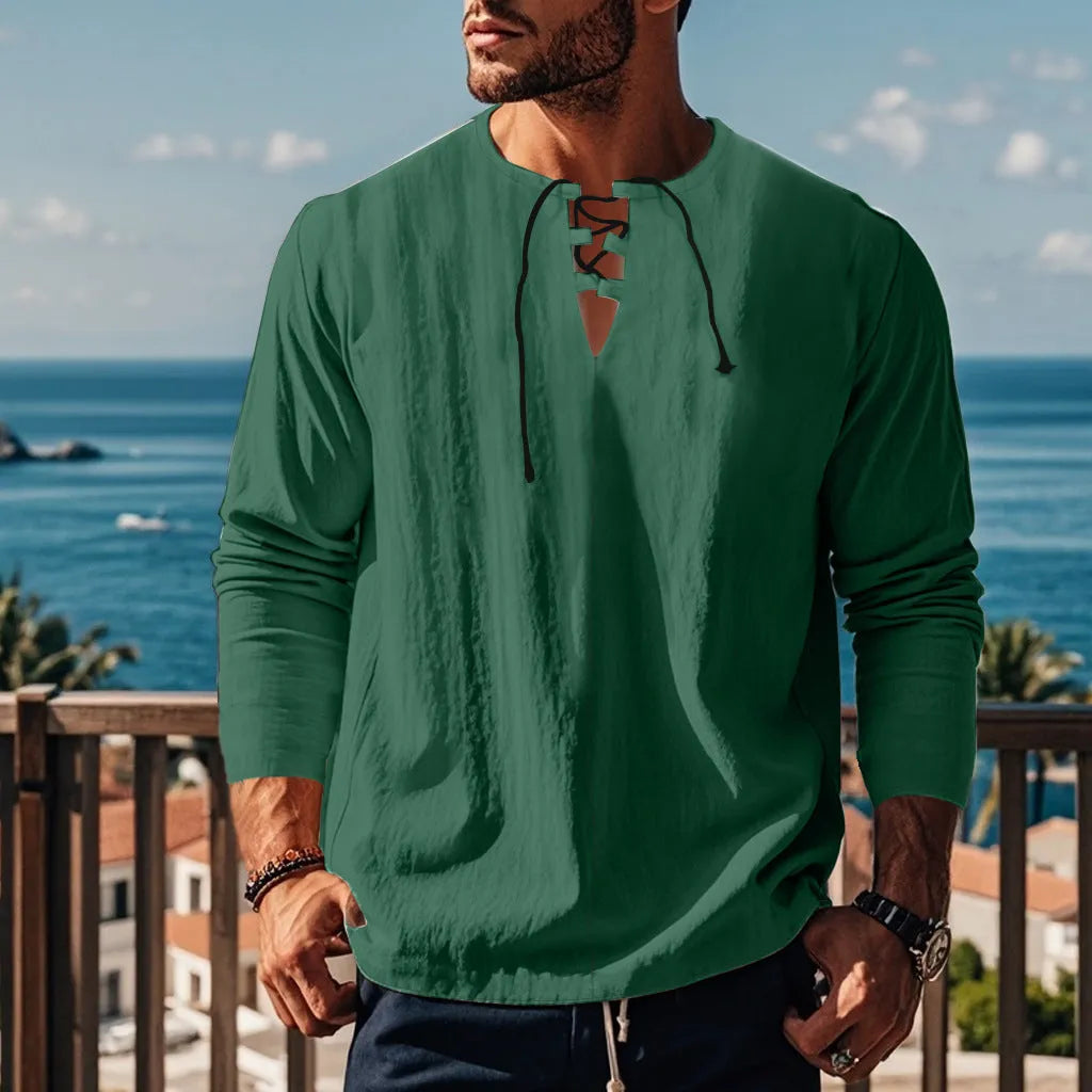 Cotton linen blend beach ruff shirt in loose pullover style available in multiple solid colours