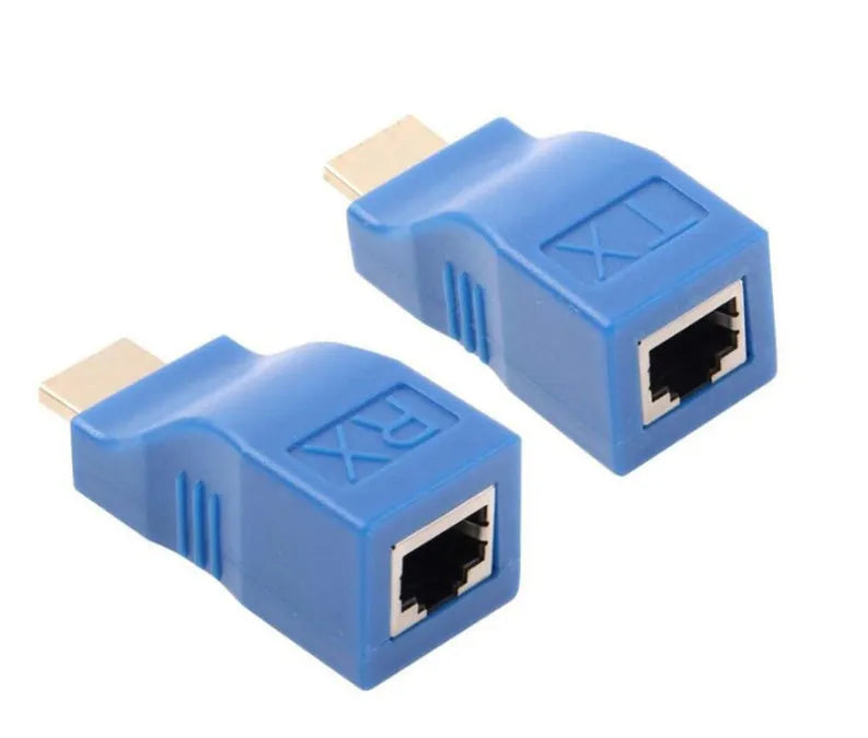 A compact black HDMI extender transmitter and receiver pair for extending signals over Cat5e/6 cable.