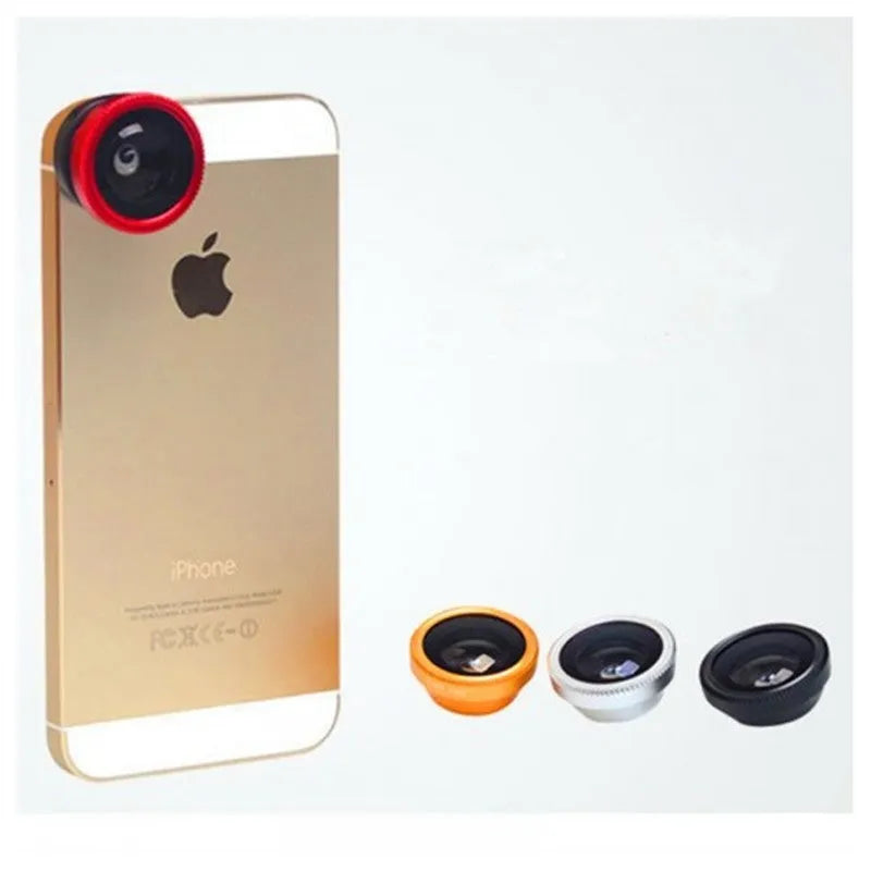 Black aluminium 3-in-1 smartphone lens kit with fisheye, wide angle and macro lenses and universal mounting clip