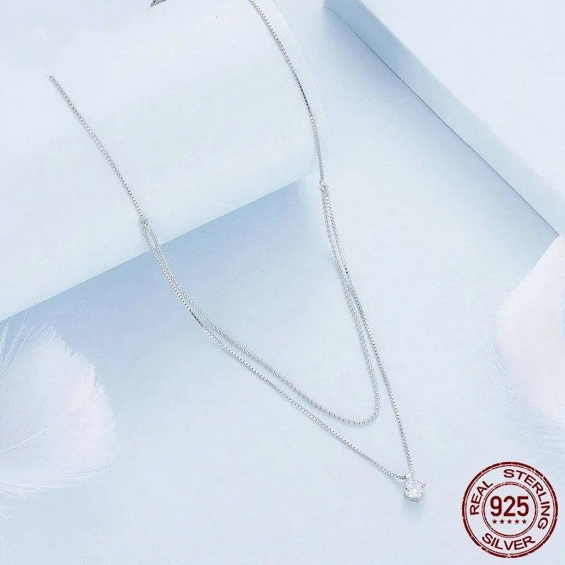 Women's silver double-layer necklace with S925 sterling silver pendant and pearl chain