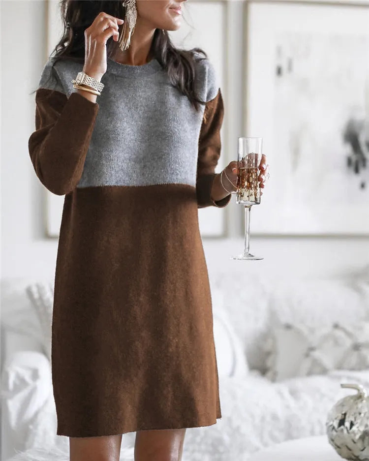 Brown women's polar fleece dress with patchwork collar detail and long sleeves