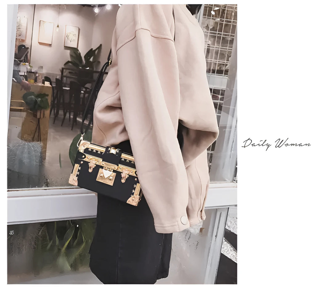 Women's hard PU shoulder bag with rivet decoration and hasp closure in black or green flap style