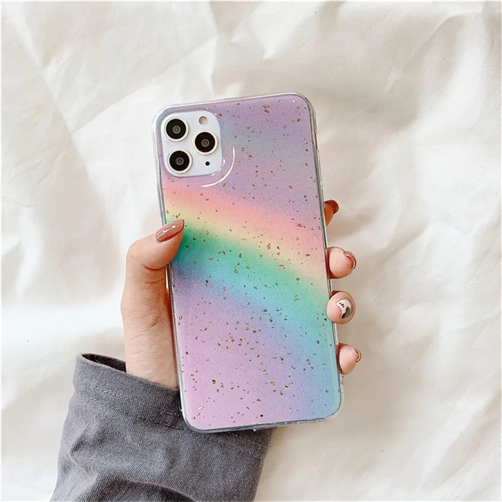 Rainbow colour gradient stripe pattern on a flexible TPU protective case for an iPhone.