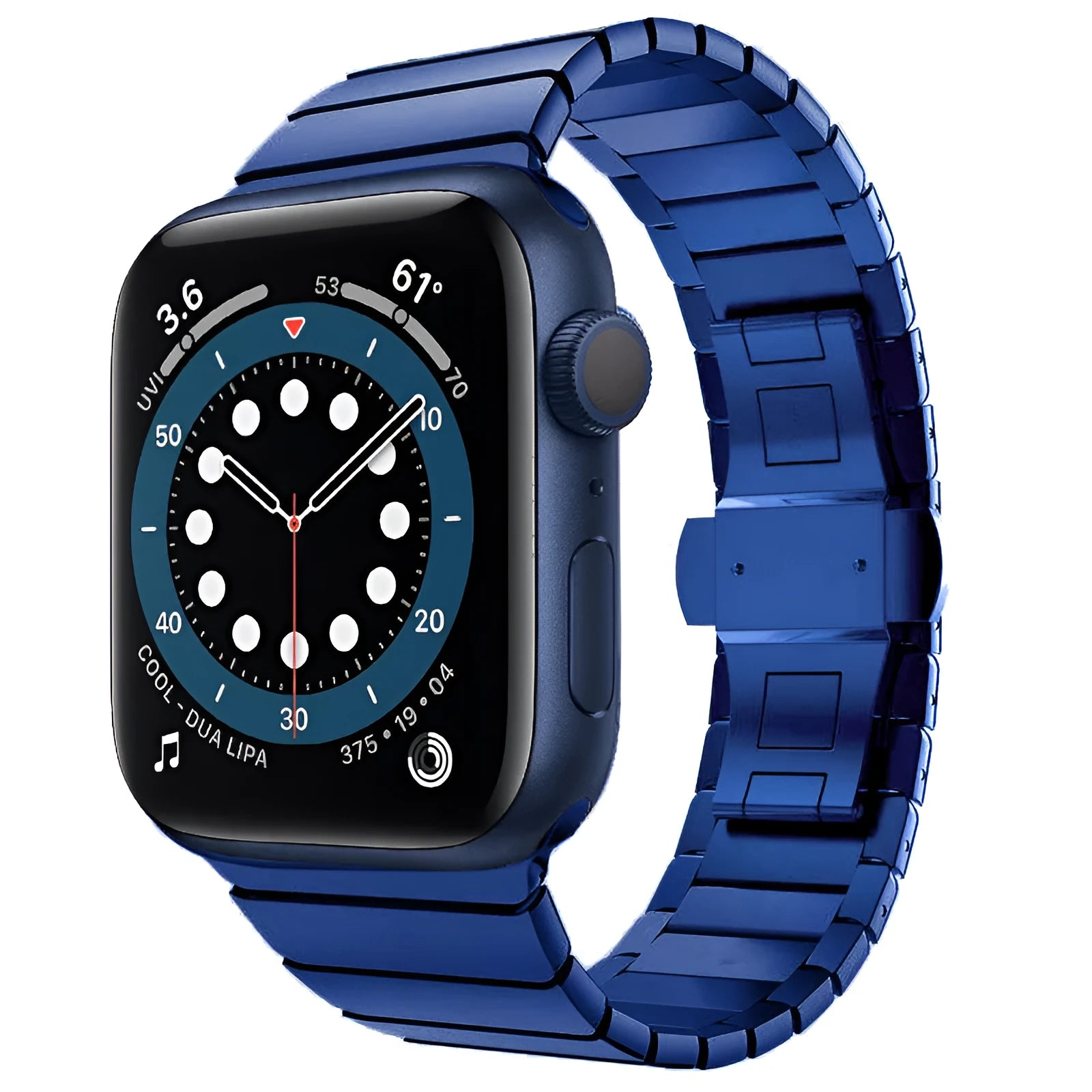 Silver stainless steel Apple Watch strap with butterfly buckle on a wrist.