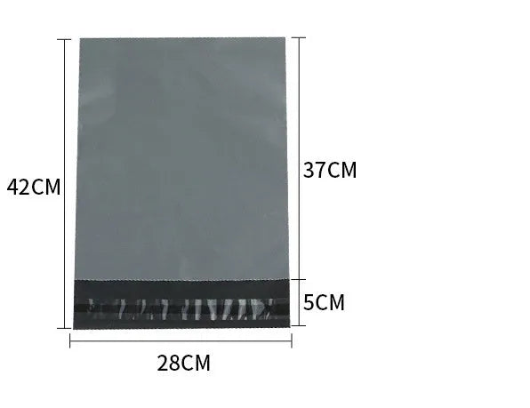 Bundle of 100 white self-seal PE courier bags with size and colour options shown.