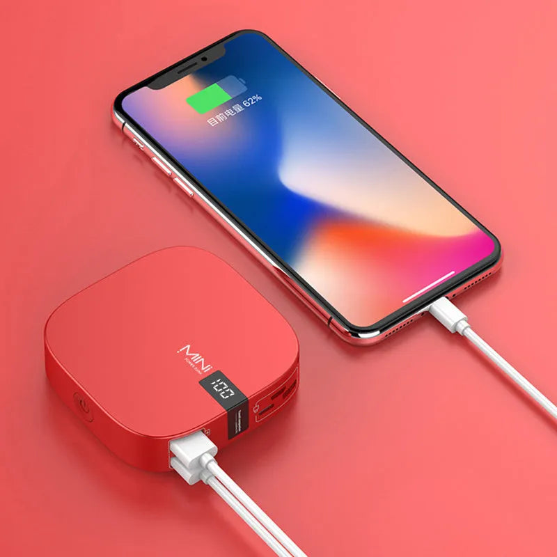 10000mAh mini power bank with LCD display, dual USB ports, and fast input, in red, white, or black.