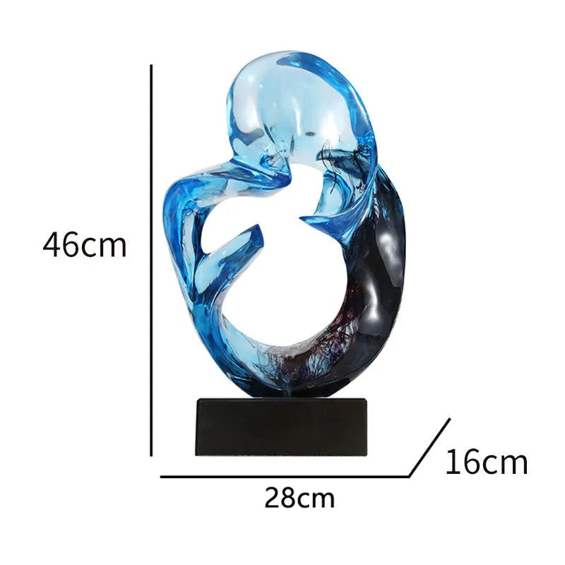 Clear transparent resin sculpture ornament in modern style on a shelf, shown in blue and orange red colour options.